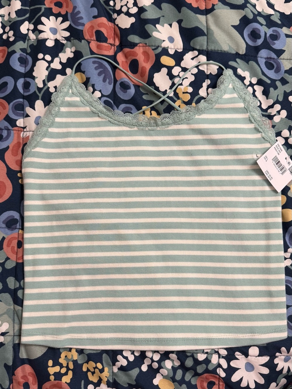 American Eagle Outfitters Mint and White Striped Lace-Trim Cami